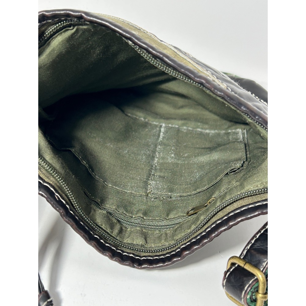 Owl Canvas Plaid Mixed Media Crossbody Bag‎ Olive Green Black Small Messenger - Picture 7 of 7